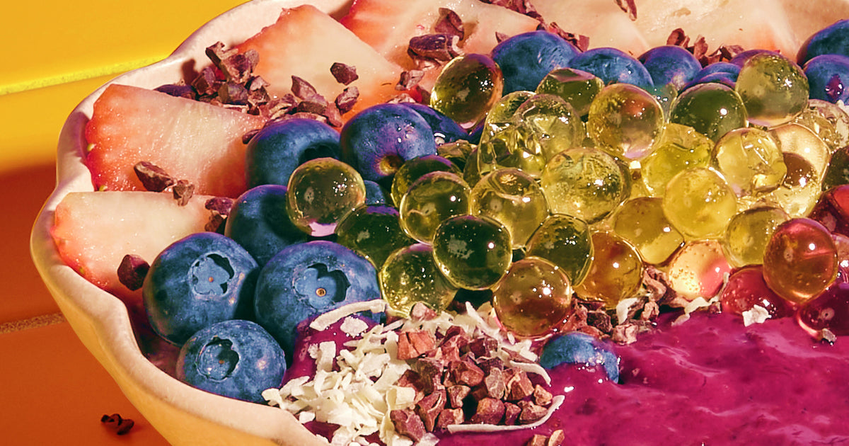 Blueberry, Strawberry, Coconut, Acai Bowl with Dye-Free Mango Passionfruit Popping Boba