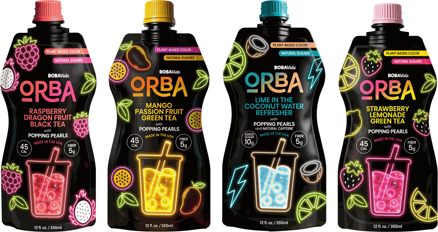 The four ORBA launch flavors in 12 fl oz pouches