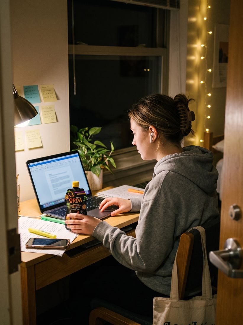 Late-night study session with an ORBA Mango Passion Fruit pouch next to the laptop