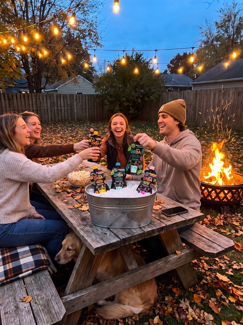 Friends around a fire pit with the four ORBA flavors on ice