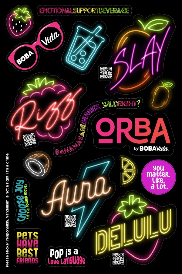 ORBA sticker sheet: neon Rizz, Slay, Aura, and Delulu stickers with fruit, the ORBA by BobaVida lockup, and lines like Emotional Support Beverage and Pop Is a Love Language