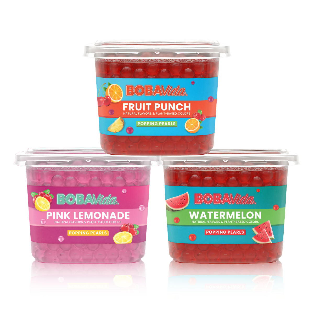 Three containers of Boba Vida bubble tea with different flavors on a white background