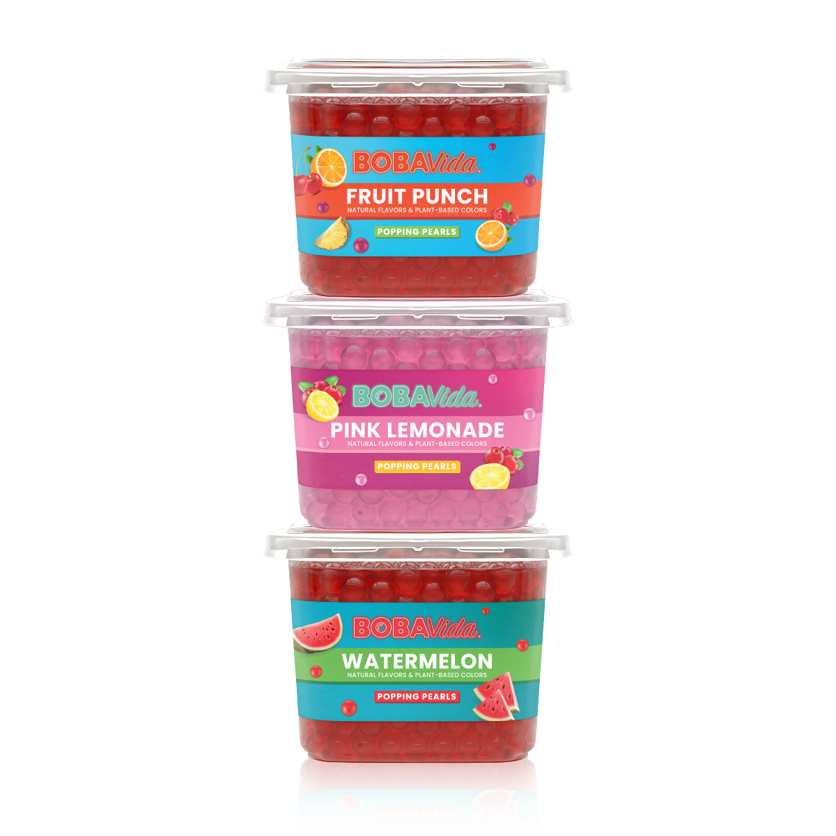 Three containers of Boba with different flavors on a white background