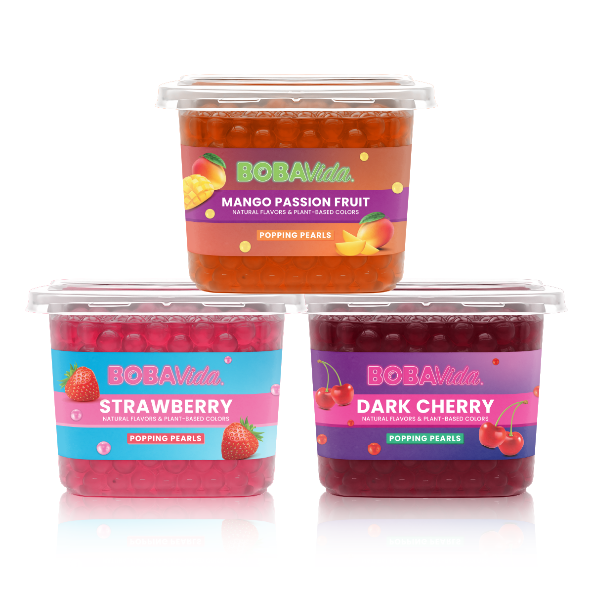 Three containers of BobaVida bubble tea with different flavors on a white background