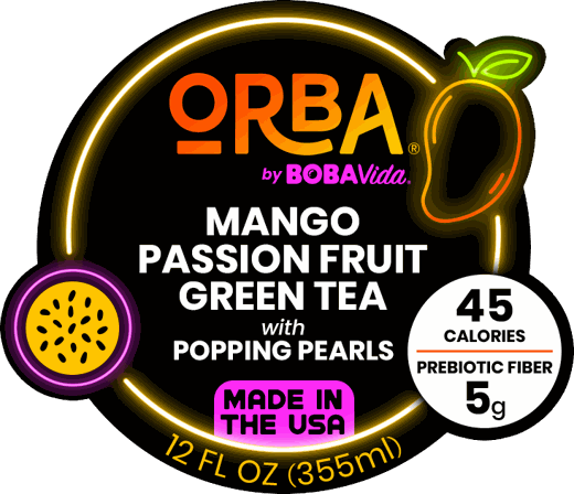 ORBA Mango Passion Fruit Green Tea can label