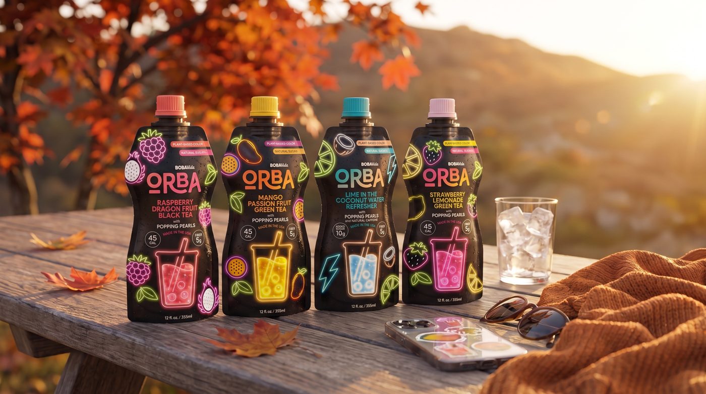 Four ORBA pouches on a picnic table at golden hour in fall