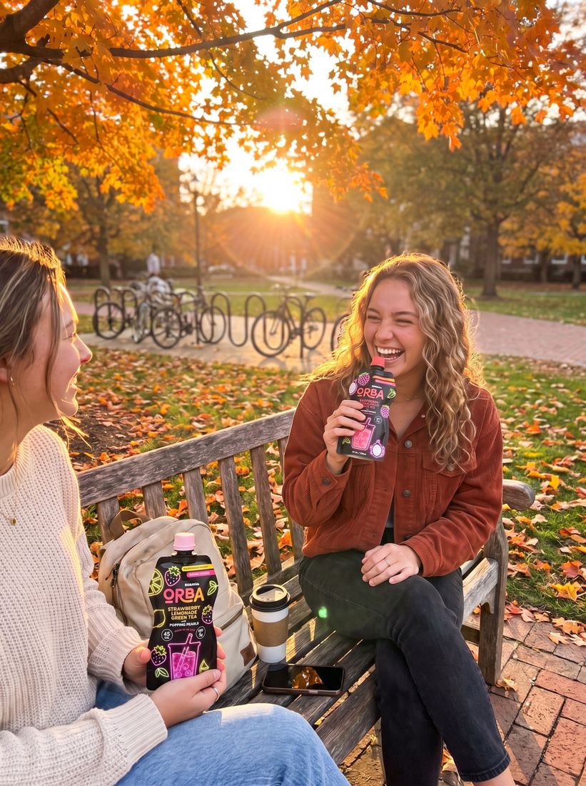 Two friends laughing on a fall campus quad with ORBA