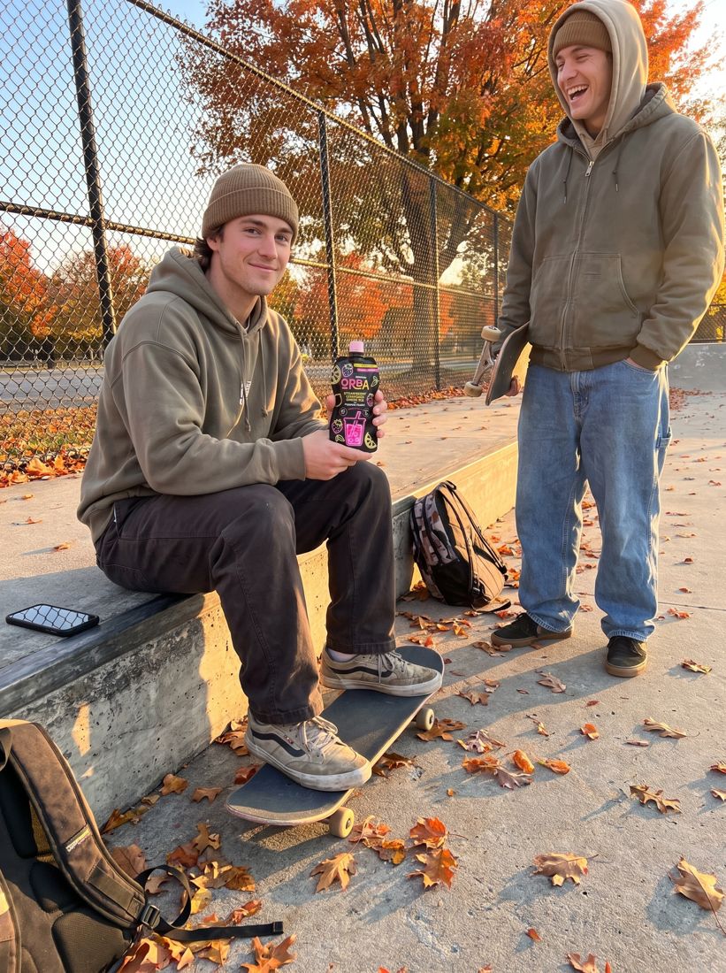 Two skaters taking a break at a skate spot, one holding ORBA