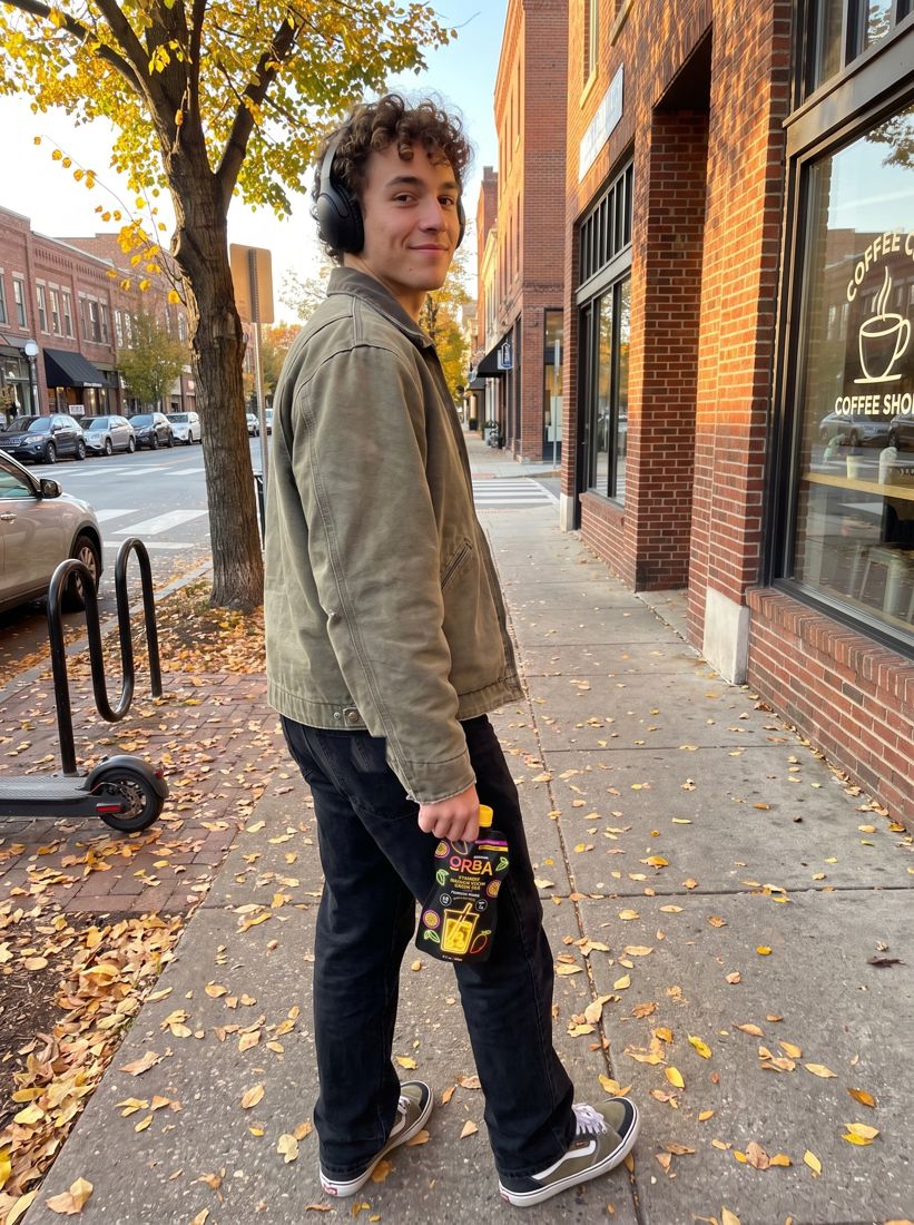Young man walking a city sidewalk with ORBA Mango Passion Fruit
